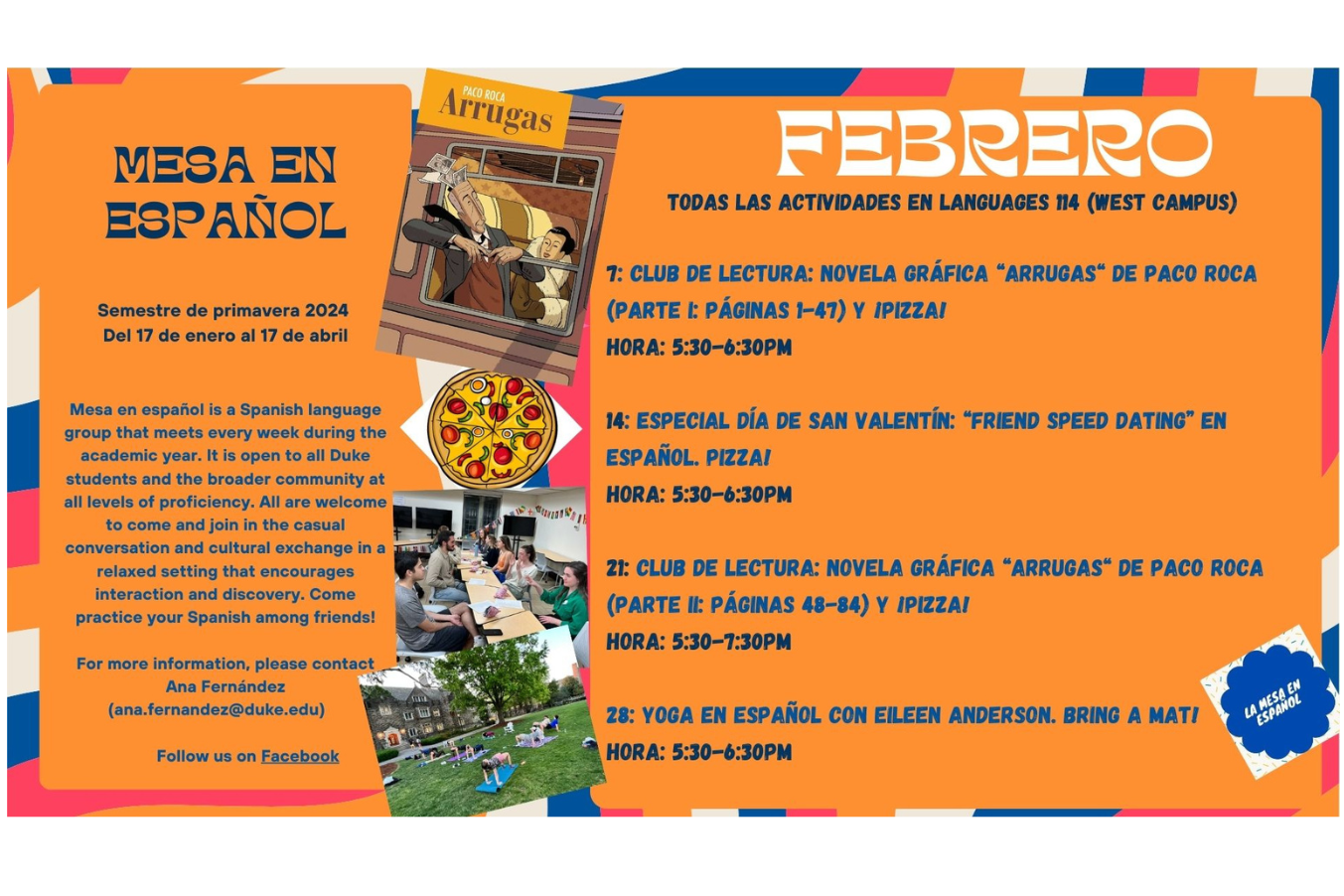 orange flyer with pictures announcing spanish classes for February 2024